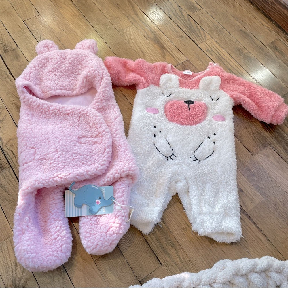 0-3 month baby girl winter wrap bundle pink bear